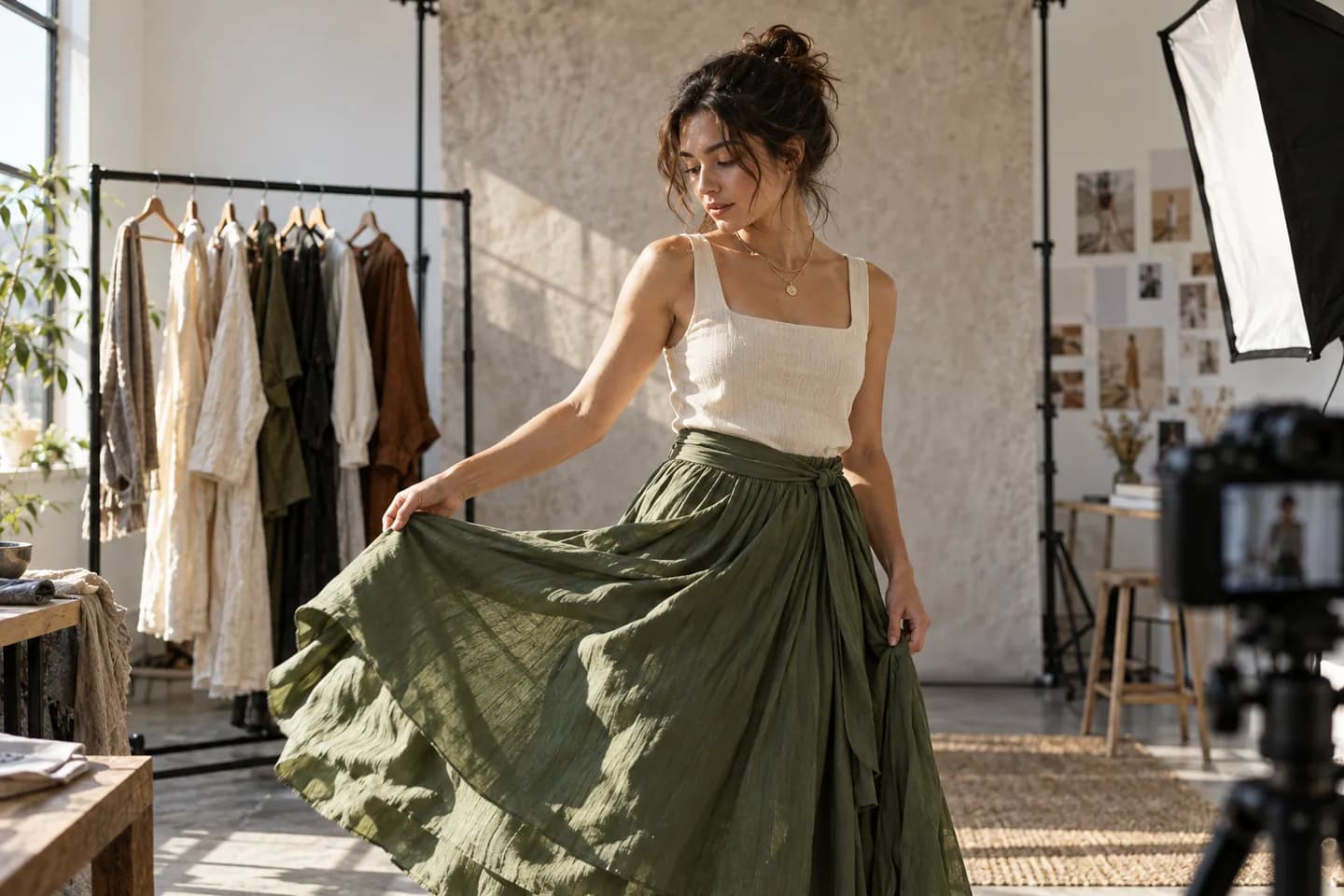 A fashion creator checking the movement of a lookbook outfit on camera