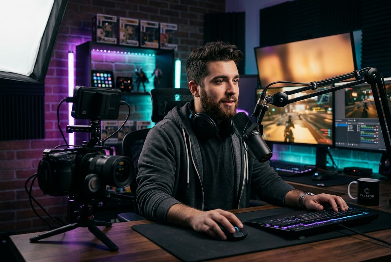 A gaming and entertainment content creator streaming in a modern studio setup