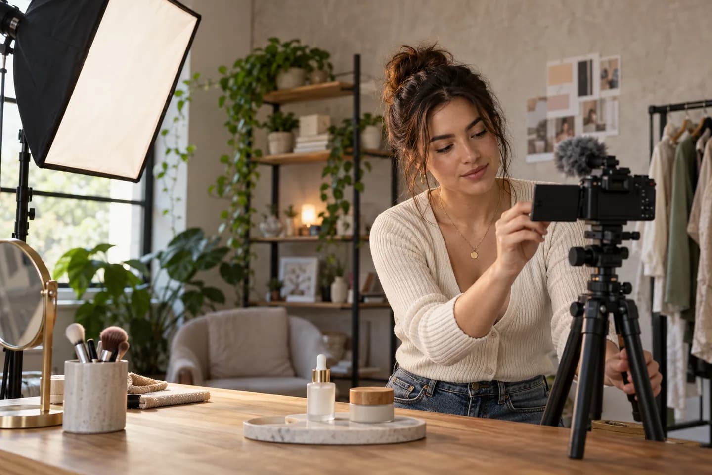 A creator checking the camera framing for a product video in her studio